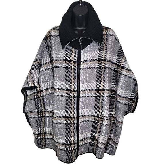 Tahari Plaid Full Zip Cardigan Ponch Sweater size L/XL - Picture 1 of 9